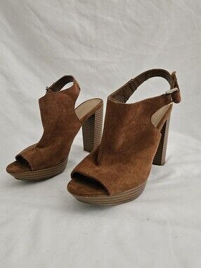 Sun + Stone Brown Suede Peep-Toe Slingback Block Heels